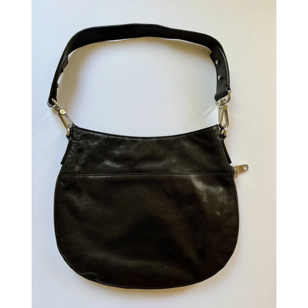 MILLY Black Leather Hobo Bag Expandable Bottom Silver Zip Shoulder Bag NWOT
